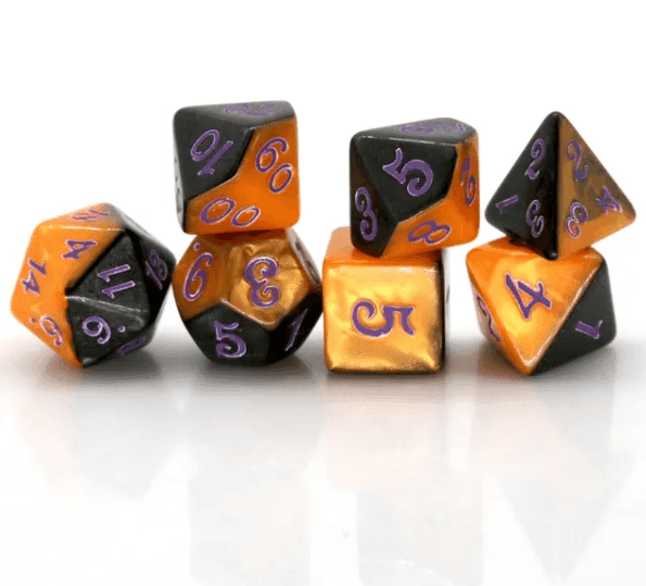 Half-Half Dice Orange & Black 7-Dice Set DND RPG Dice Purple Ink Halloween - 