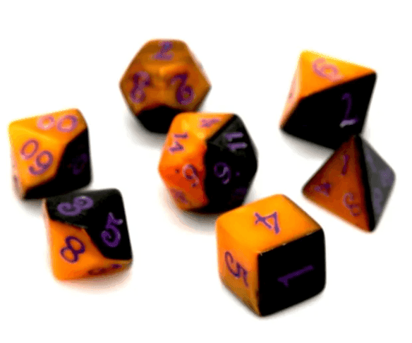 Half-Half Dice Orange & Black 7-Dice Set DND RPG Dice Purple Ink Halloween - 
