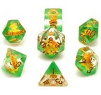Lion Dice Clear & Green 7-Dice Set DND RPG Dice Gold Ink Crown Inclusion - 