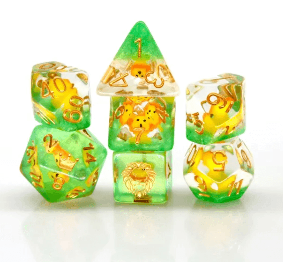 Lion Dice Clear & Green 7-Dice Set DND RPG Dice Gold Ink Crown Inclusion - 