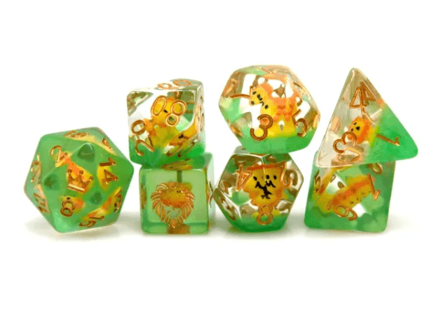 Lion Dice Clear & Green 7-Dice Set DND RPG Dice Gold Ink Crown Inclusion - 