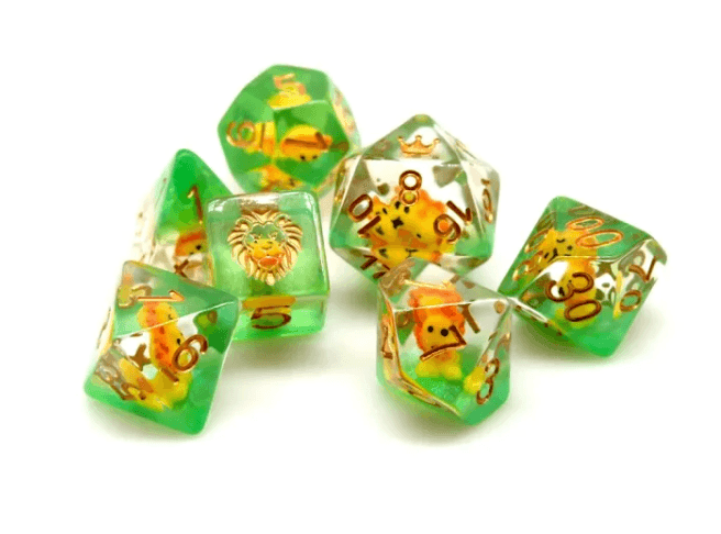 Lion Dice Clear & Green 7-Dice Set DND RPG Dice Gold Ink Crown Inclusion - 