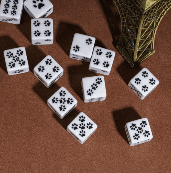 White Cat Paw Dice Opaque w/Black Paw Prints 16mm d6 Dice (sold per die) - 