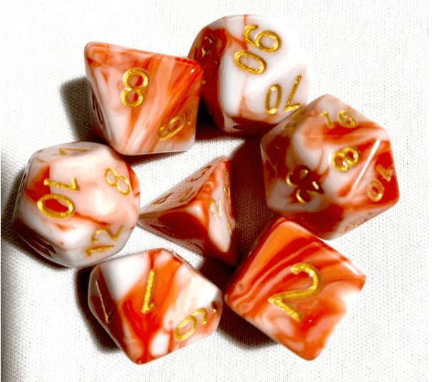 Kapok's Pain 7-Dice Set Off Red & White w/Gold Numbers Dnd Dice Set - 