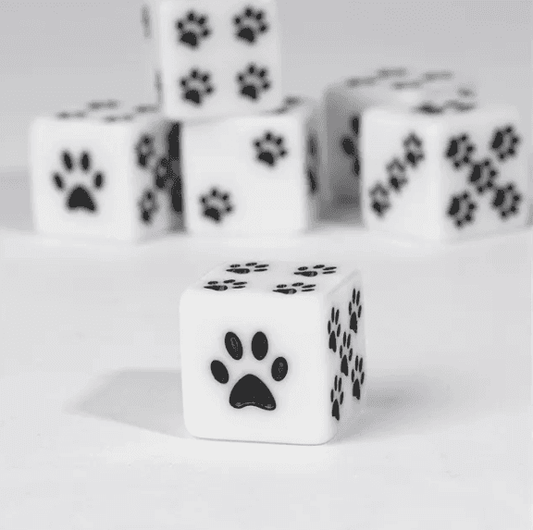 White Cat Paw Dice Opaque w/Black Paw Prints 16mm d6 Dice (sold per die) - 