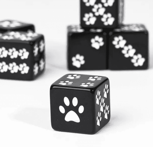 Black Cat Paw Dice Opaque w/White Paw Prints 16mm d6 Dice (sold per die) - 