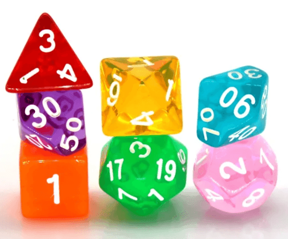 Mixed Rainbow 7-Dice Set w/White Numbers Dnd Dice Set - 