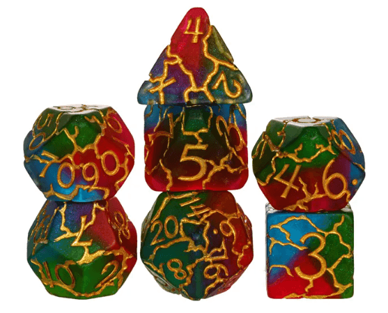 Mystic Aurora Crackle Nexus: 7-Dice RPG Set Translucent with Gold Crackle Effect - 