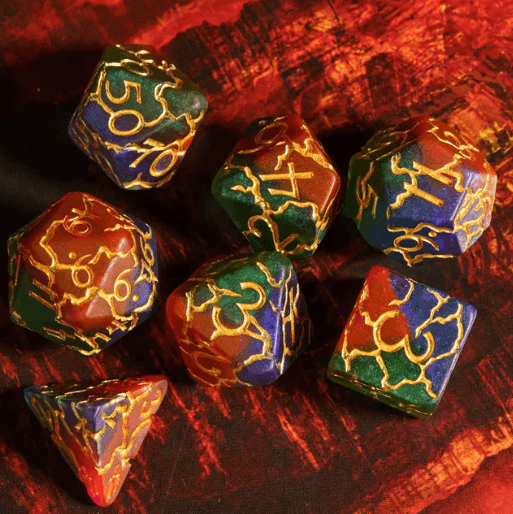 Mystic Aurora Crackle Nexus: 7-Dice RPG Set Translucent with Gold Crackle Effect - 