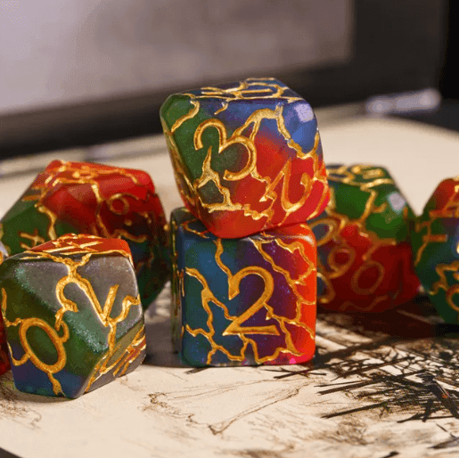 Mystic Aurora Crackle Nexus: 7-Dice RPG Set Translucent with Gold Crackle Effect - 