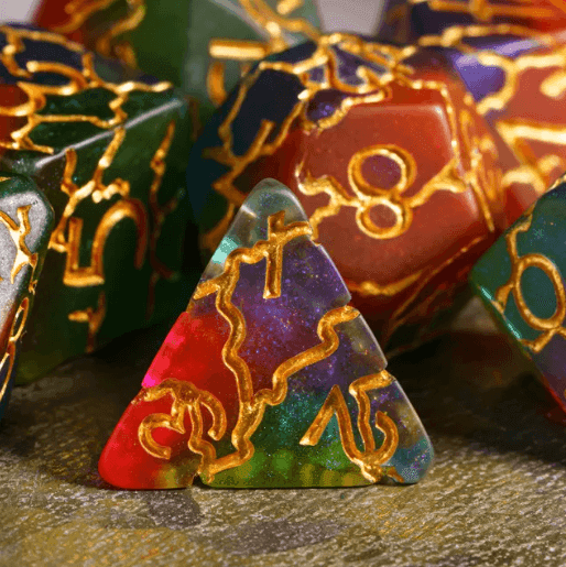 Mystic Aurora Crackle Nexus: 7-Dice RPG Set Translucent with Gold Crackle Effect - 