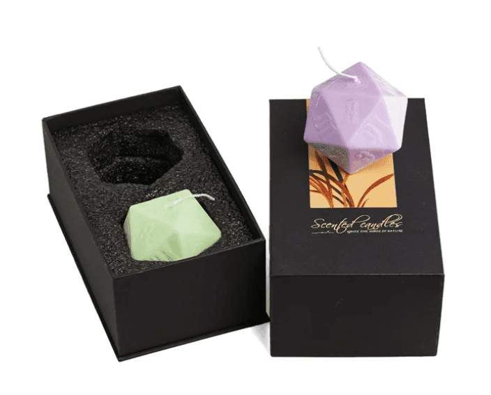 2x Dice Candle | 55mm Candle Dice with Carton Packaging (Purple/Green) - 