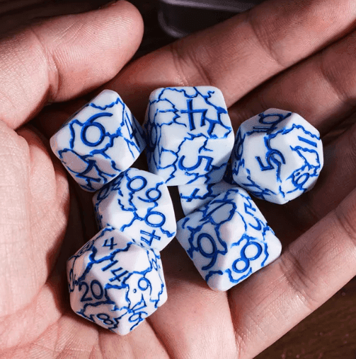 Frost Shard Crackle Nexus: 7-Dice RPG Set White with Blue Crackle Effect - 