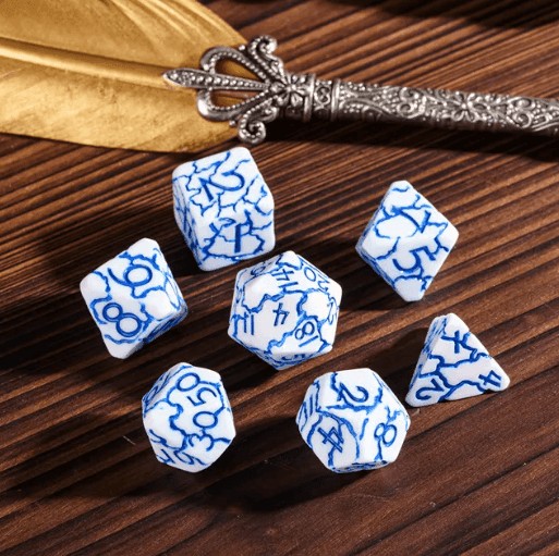 Frost Shard Crackle Nexus: 7-Dice RPG Set White with Blue Crackle Effect - 