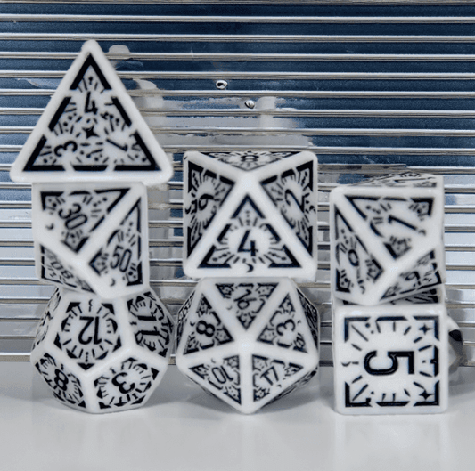Arcane Obsidian Glyph Polyhedral Dice Set | 7-Dice White & Black - 