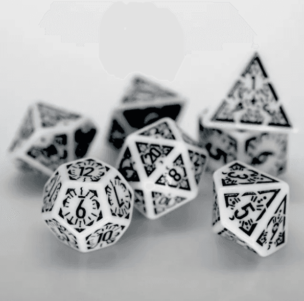 Arcane Obsidian Glyph Polyhedral Dice Set | 7-Dice White & Black - 