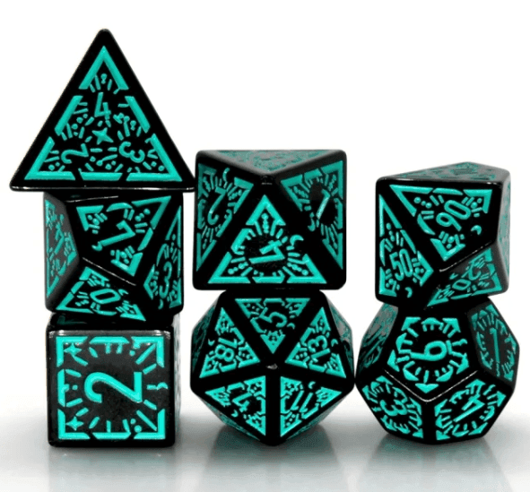 Arcane Teal Glyph Polyhedral Dice Set | 7-Dice Black & Teal - 