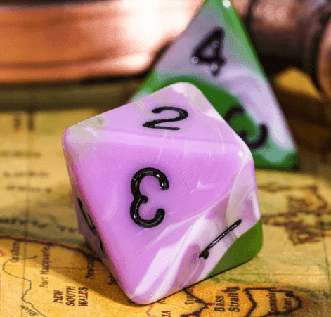 Aasimar's Pain 7-Dice Set Blended Green/Purple/White w/Black Numbers Dnd Dice - 