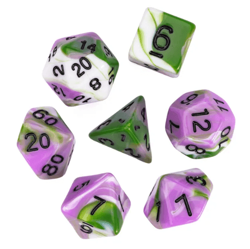 Aasimar's Pain 7-Dice Set Blended Green/Purple/White w/Black Numbers Dnd Dice - 
