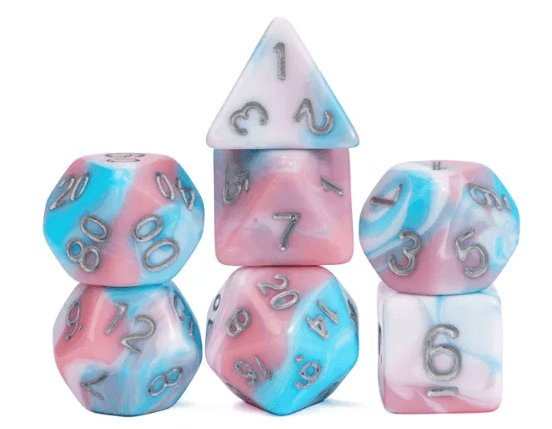 Satyr's Pain 7-Dice Set Blended Blue/Pink/White w/Silver Numbers Dnd Dice - 