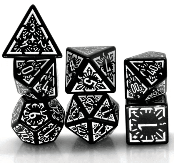 Arcane White Glyph Polyhedral Dice Set | 7-Dice Black & White - 