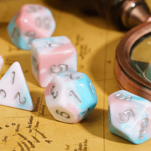 Satyr's Pain 7-Dice Set Blended Blue/Pink/White w/Silver Numbers Dnd Dice - 