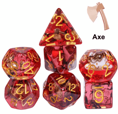 Translucent Red & Clear Barbarian-Style 7-Dice Set Gold Axe Inside - 