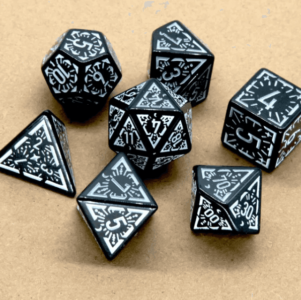 Arcane White Glyph Polyhedral Dice Set | 7-Dice Black & White - 