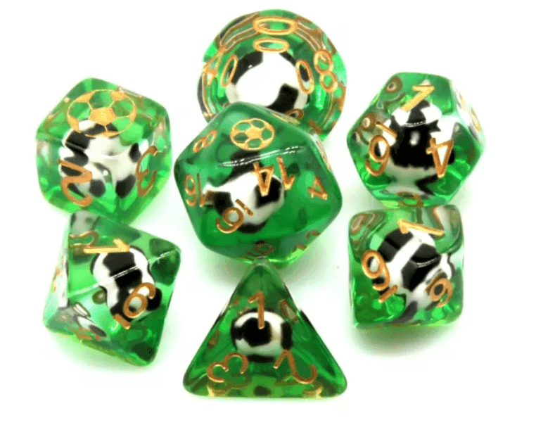 Football Themed 7-Dice Set Green w/ Soccer Ball Inside w/Gold Dnd Dice - 