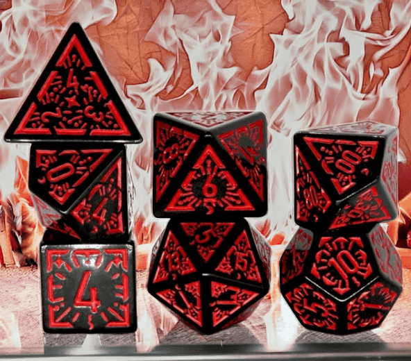 Arcane Flames Glyph Polyhedral Dice Set | 7-Dice Black & Red - 