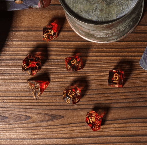 Translucent Red & Clear Barbarian-Style 7-Dice Set Gold Axe Inside - 