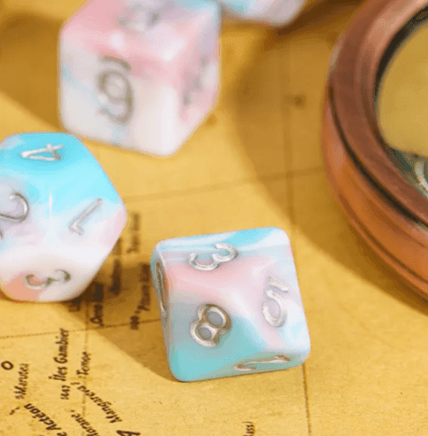 Satyr's Pain 7-Dice Set Blended Blue/Pink/White w/Silver Numbers Dnd Dice - 