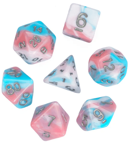 Satyr's Pain 7-Dice Set Blended Blue/Pink/White w/Silver Numbers Dnd Dice - 