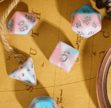 Satyr's Pain 7-Dice Set Blended Blue/Pink/White w/Silver Numbers Dnd Dice - 