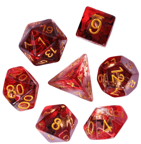 Translucent Red & Clear Barbarian-Style 7-Dice Set Gold Axe Inside - 