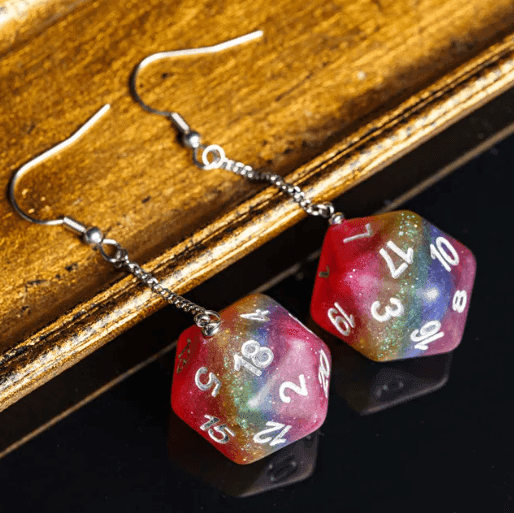 Rainbow Glitter Dice Earrings: D20 Dice Spinning Colors Nerdy RPG Jewelry - 
