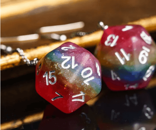 Rainbow Glitter Dice Earrings: D20 Dice Spinning Colors Nerdy RPG Jewelry - 