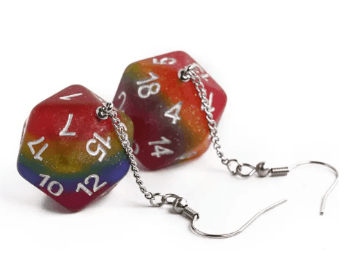 Rainbow Glitter Dice Earrings: D20 Dice Spinning Colors Nerdy RPG Jewelry - 