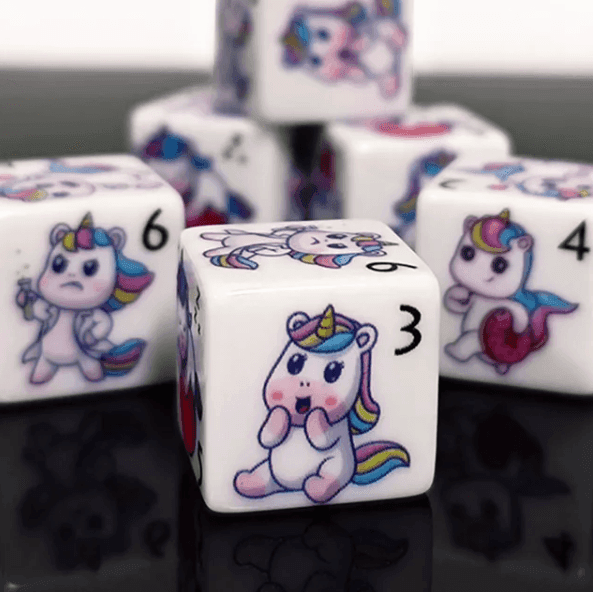 (White) Unicorn Dice | Printed d6 Dice Featuring Fantasy Animal Numbered - 1 Dice