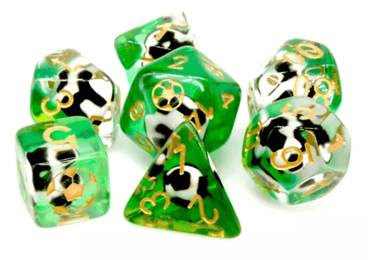 Football Themed 7-Dice Set Green w/ Soccer Ball Inside w/Gold Dnd Dice - 