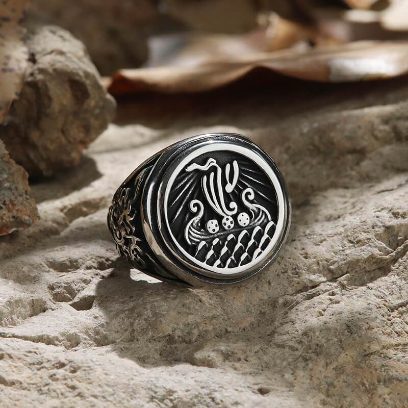 Dragon Ship Stainless Steel Viking Ring - Stainless Steel / 7