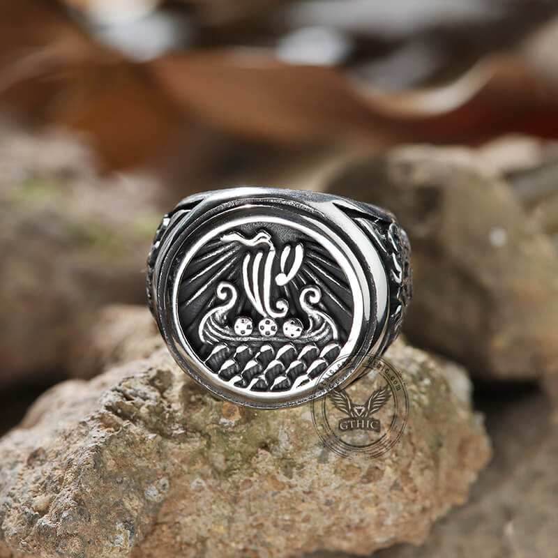 Dragon Ship Stainless Steel Viking Ring - Stainless Steel / 7