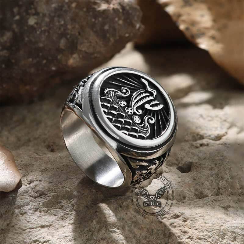 Dragon Ship Stainless Steel Viking Ring - Stainless Steel / 7
