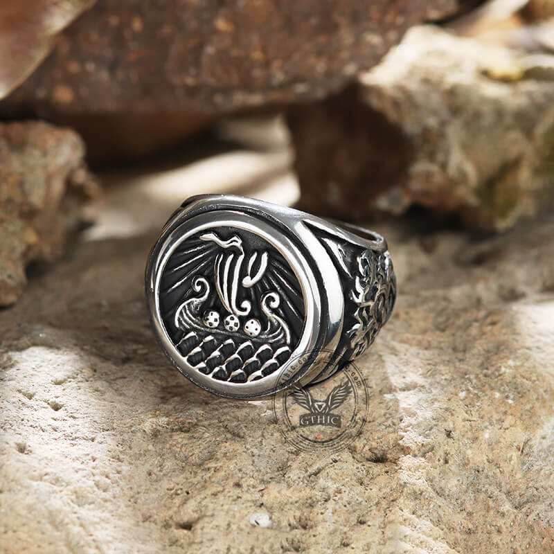 Dragon Ship Stainless Steel Viking Ring - Stainless Steel / 7