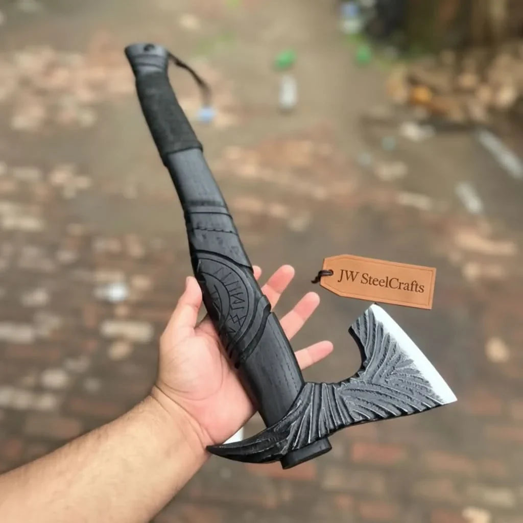 Viking-Style Hand-Carved Battle Axe | Blackened Wood Handle & Leather Sheath