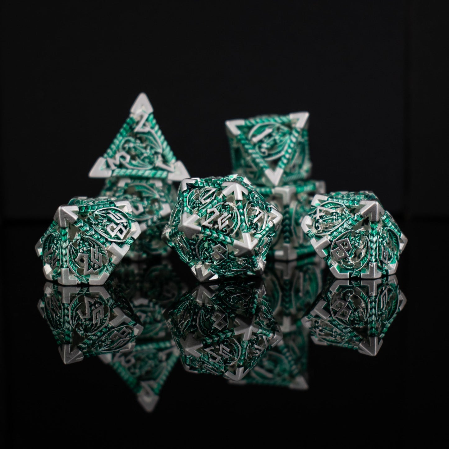 Dragonguard Hollow Metal Dice Set - Emerald and Silver