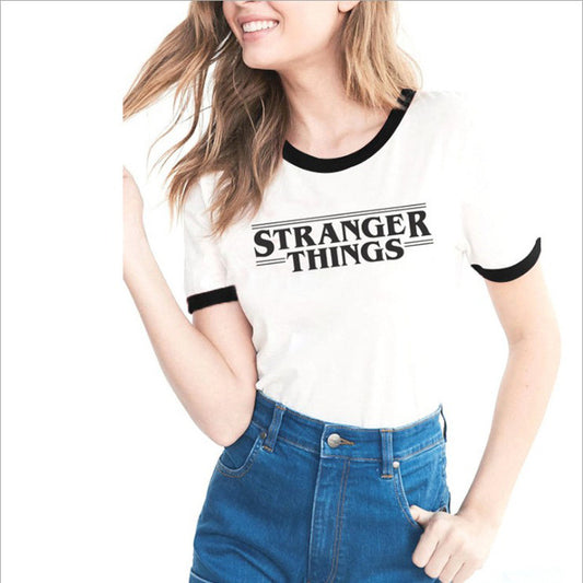 Stranger Things Camiseta de manga corta con letras de primavera y verano para amantes de talla grande