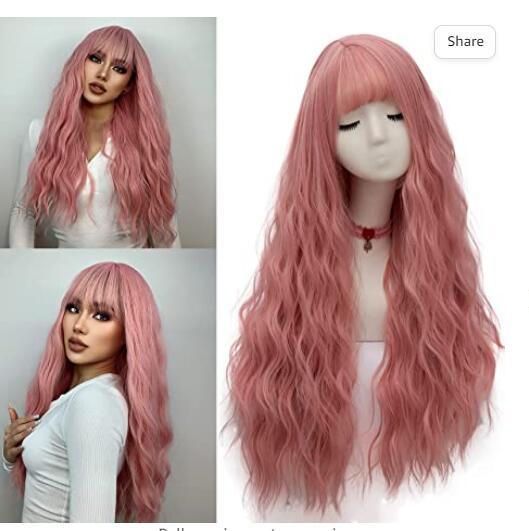 Women's Pink Wig Long Fluffy Curly Wavy Hair Wigs for Girl Heat Friendly Synthetic Cosplay Party Wigs