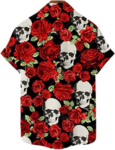 Men's Fashion Print Shirts Skull T-Shirts Casual Loose Hawaiian Shirts