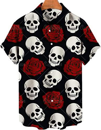 Men's Fashion Print Shirts Skull T-Shirts Casual Loose Hawaiian Shirts